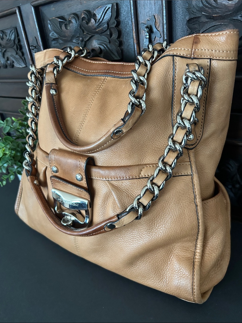 b. makowsky Tan Leather Chain-Accent Shoulder Bag - Picture 4 of 17